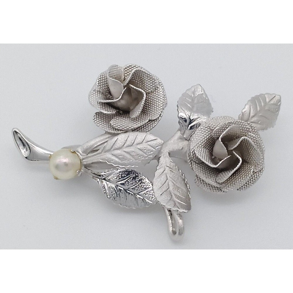 Rose Flower Leaves Brooch Pin Faux Pearl Textured Silver Tone 3D Etched Vintage